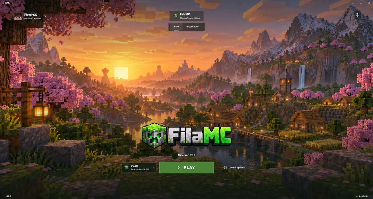 FilaMC launcher showing the account menu, installation tabs, stable channel selector and Play button over a sunset landscape.
